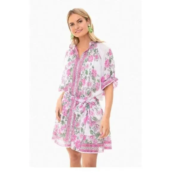 Juliet Dunn Blouson Mini Dress With Pink Floral Rose Print Cotton Tuckernuck - Picture 3 of 15